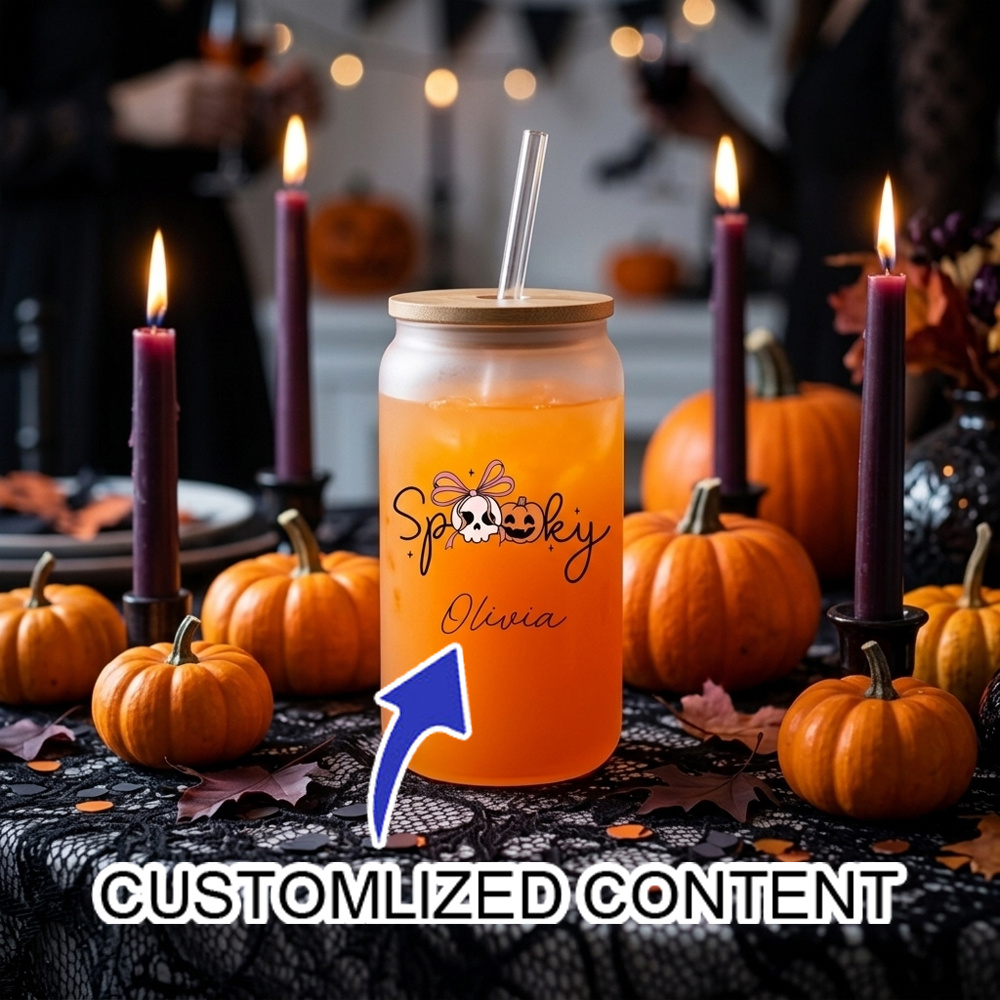 Reusable Straw - Personalisierter Gruseliger Halloween-Glasbecher mit Bambusdeckel und