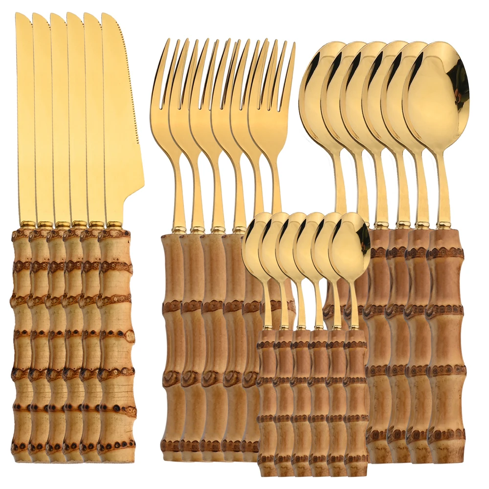 Bamboo Cutlery - 24Pcs Edelstahl Besteck Natürliche Bambus Griff